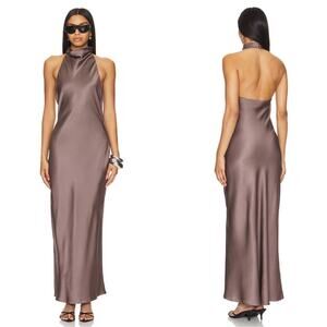 Anine Bing Eliana Silk Halterneck Maxi Dress in Iron Brown Size Small